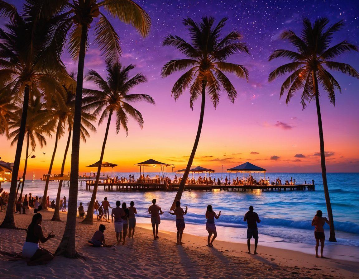 A lively Miami beach scene at sunset, featuring palm trees swaying in the warm breeze and vibrant beach parties lit by colorful lights. Capturing joyful people dancing, sipping cocktails, and enjoying music, with a backdrop of the ocean and a bright sky full of stars. Include elements of tropical decorations and festive vibes. super-realistic. vibrant colors. sunset background.