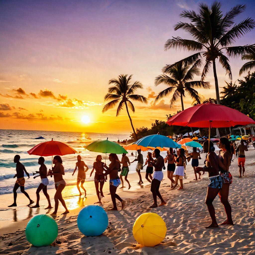 A vibrant beach scene in Miami showcasing a lively beach party with colorful umbrellas, beachgoers dancing, and playful beach games. The sun setting in the background casts a warm glow on the scene, highlighting the joyful expressions of friends enjoying the moment. Include palm trees swaying gently and beach balls scattered around. The atmosphere should be filled with energy and excitement. vibrant colors. super-realistic.