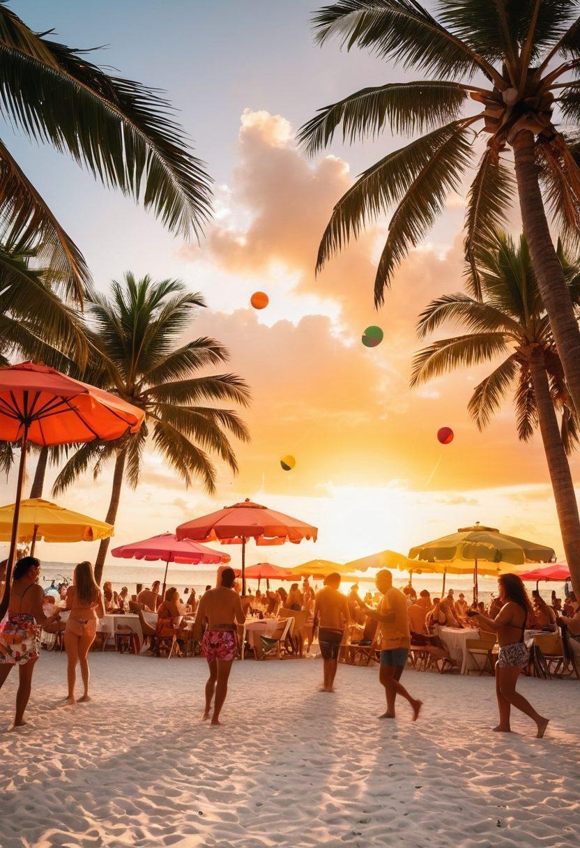 A vibrant Miami beach scene filled with colorful beach umbrellas, lively partygoers dancing, and palm trees swaying against a bright sunset. Highlight tropical cocktails in hand and festive decorations like balloons and streamers. Capture the joyful energy with cheerful expressions and playful activities such as beach volleyball and music being played in the background. The scene should radiate warmth and happiness, embodying the essence of a tropical party. super-realistic. vibrant colors. sunset glow.